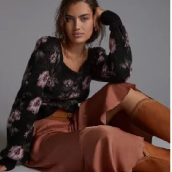 Anthropologie Floral Square Neck Sweater, Size L, Excellent Used Condition - Picture 1 of 10